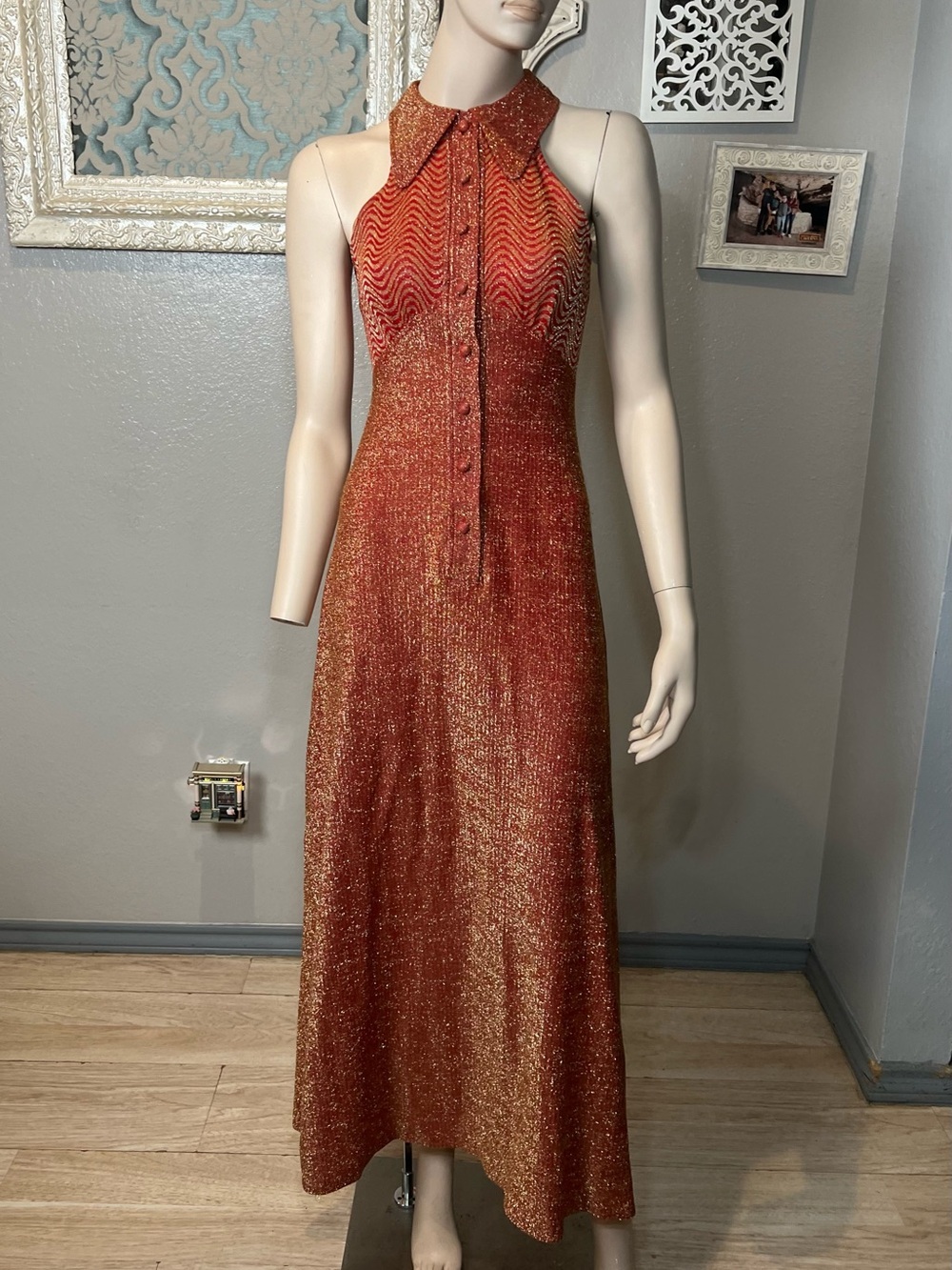 Vintage 970’s Rust Metallic Halter Maxi Dress with Collar
